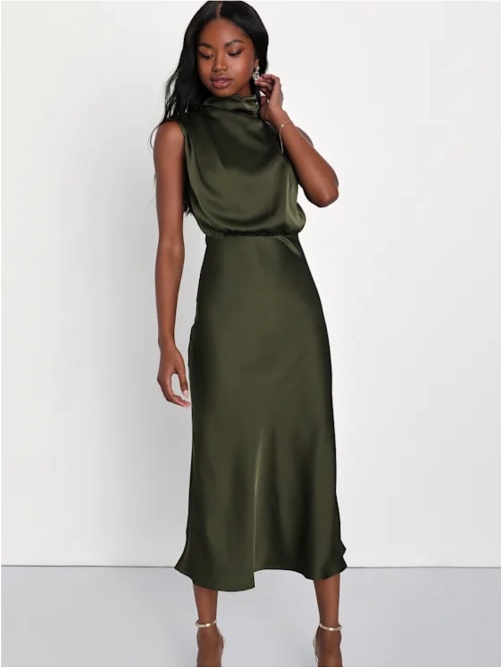 Lulu's Olive Green Satin Midi Dress with Draped Neck